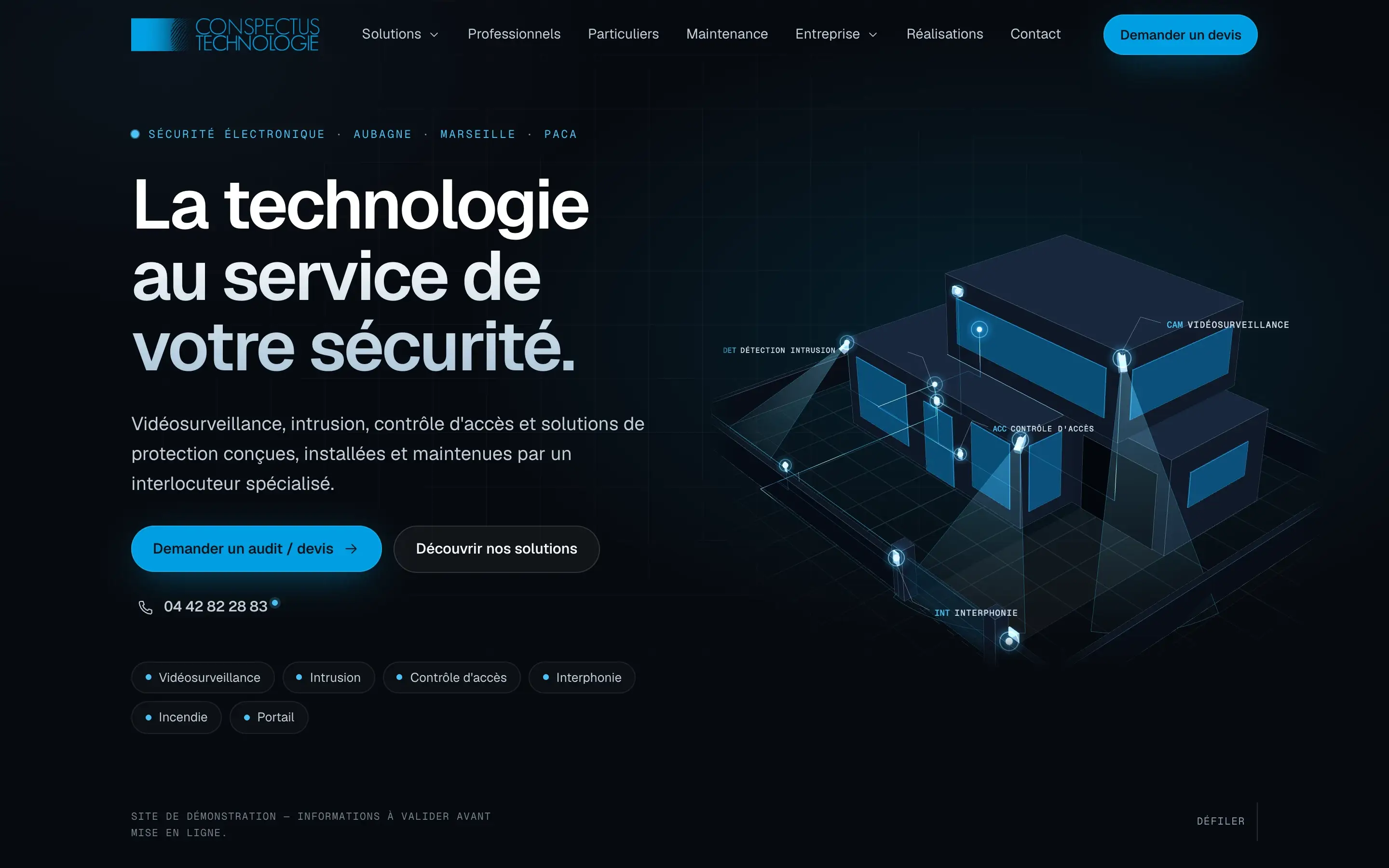 Page d'accueil de la démonstration Conspectus Technologie : fond sombre, titre « La technologie au service de votre sécurité. » et bâtiment en 3D annoté (vidéosurveillance, détection d'intrusion, contrôle d'accès, interphonie).