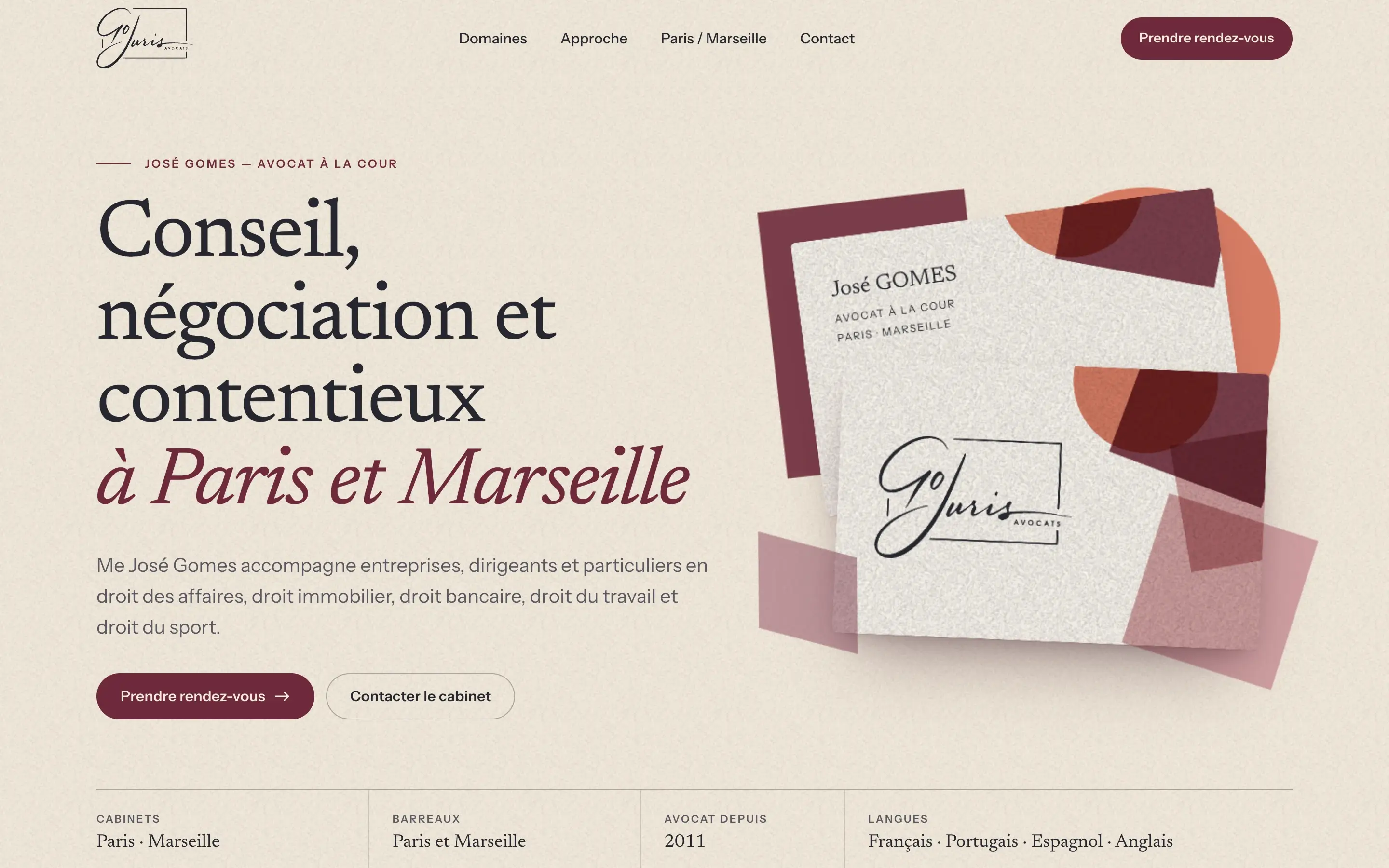 Page d'accueil de la démonstration : titre « Conseil, négociation et contentieux à Paris et Marseille » et carte de visite du cabinet animée en relief.