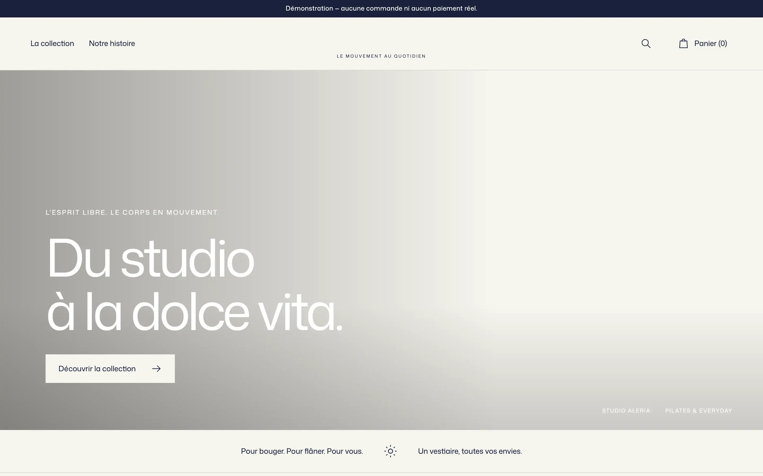 Page d'accueil de la démonstration Studio Aleria : bandeau « aucune commande ni aucun paiement réel », grande photo de campagne et titre « Du studio à la dolce vita. »